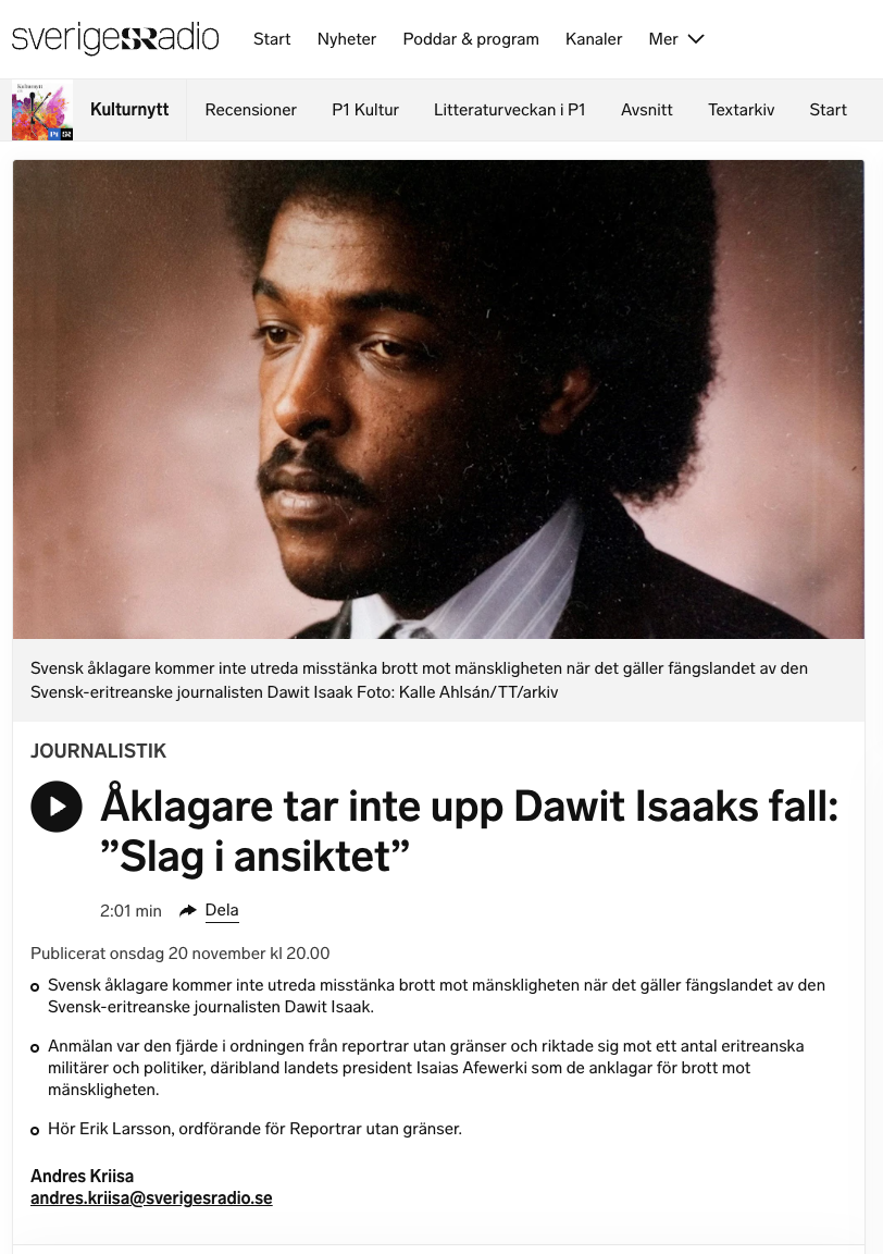 Read more about the article Swedish Prosecutors decline investigation into crimes against humanity in Dawit Isaak’s case.