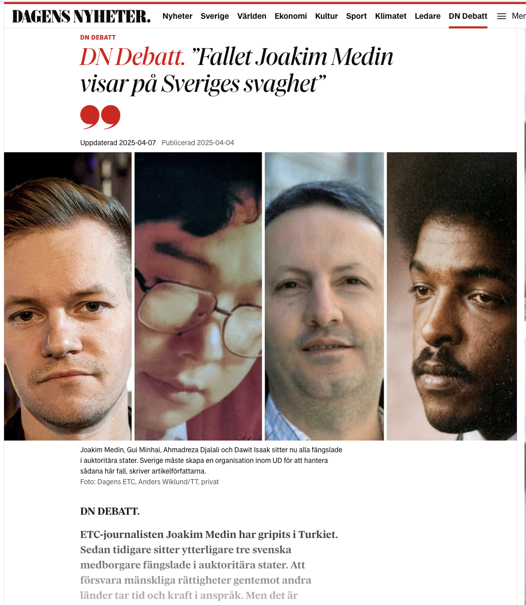 Read more about the article Debate article in Sweden’s largest daily, mentioning Dawit Isaak, Gui Minhai, Ahmadreza Djalali and Joakim Melin, urging the Government ot react