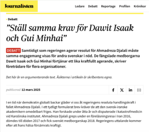 Read more about the article Sweden Must Apply Equal Pressure for All Imprisoned Citizens, Say Human Rights Advocates, in debate article in Journalisten