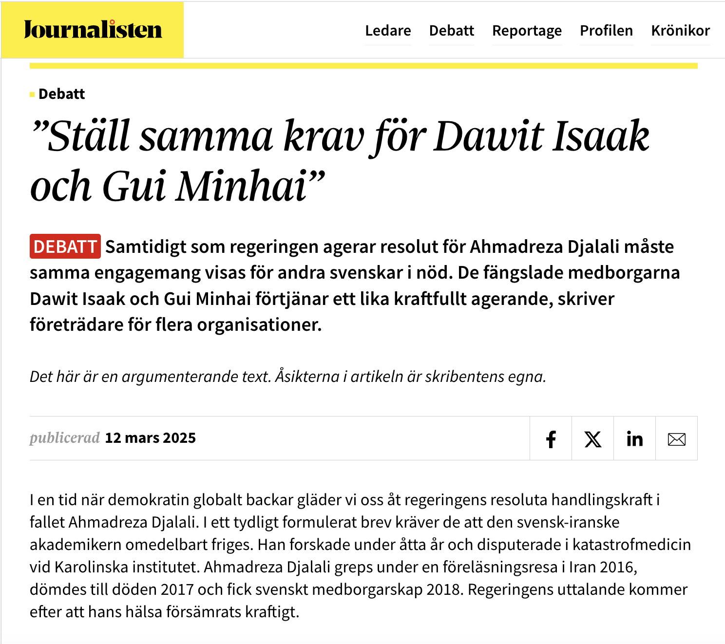 Read more about the article Sweden Must Apply Equal Pressure for All Imprisoned Citizens, Say Human Rights Advocates, in debate article in Journalisten