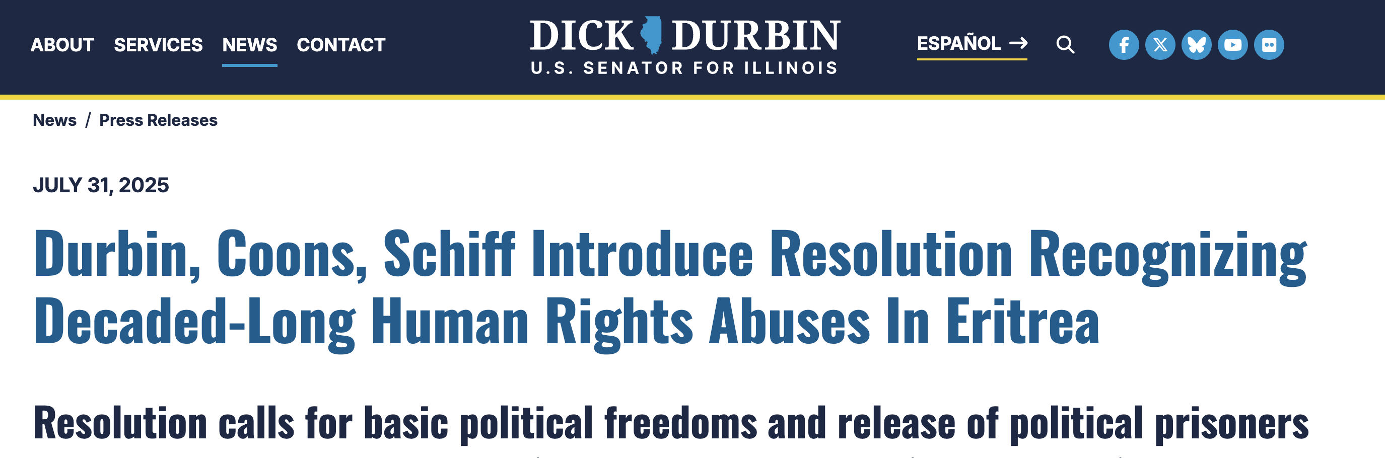 Read more about the article USA: Durbin, Coons, Schiff Introduce Resolution Recognizing Decaded-Long Human Rights Abuses In Eritrea – Resolution calls for basic political freedoms and release of political prisoners